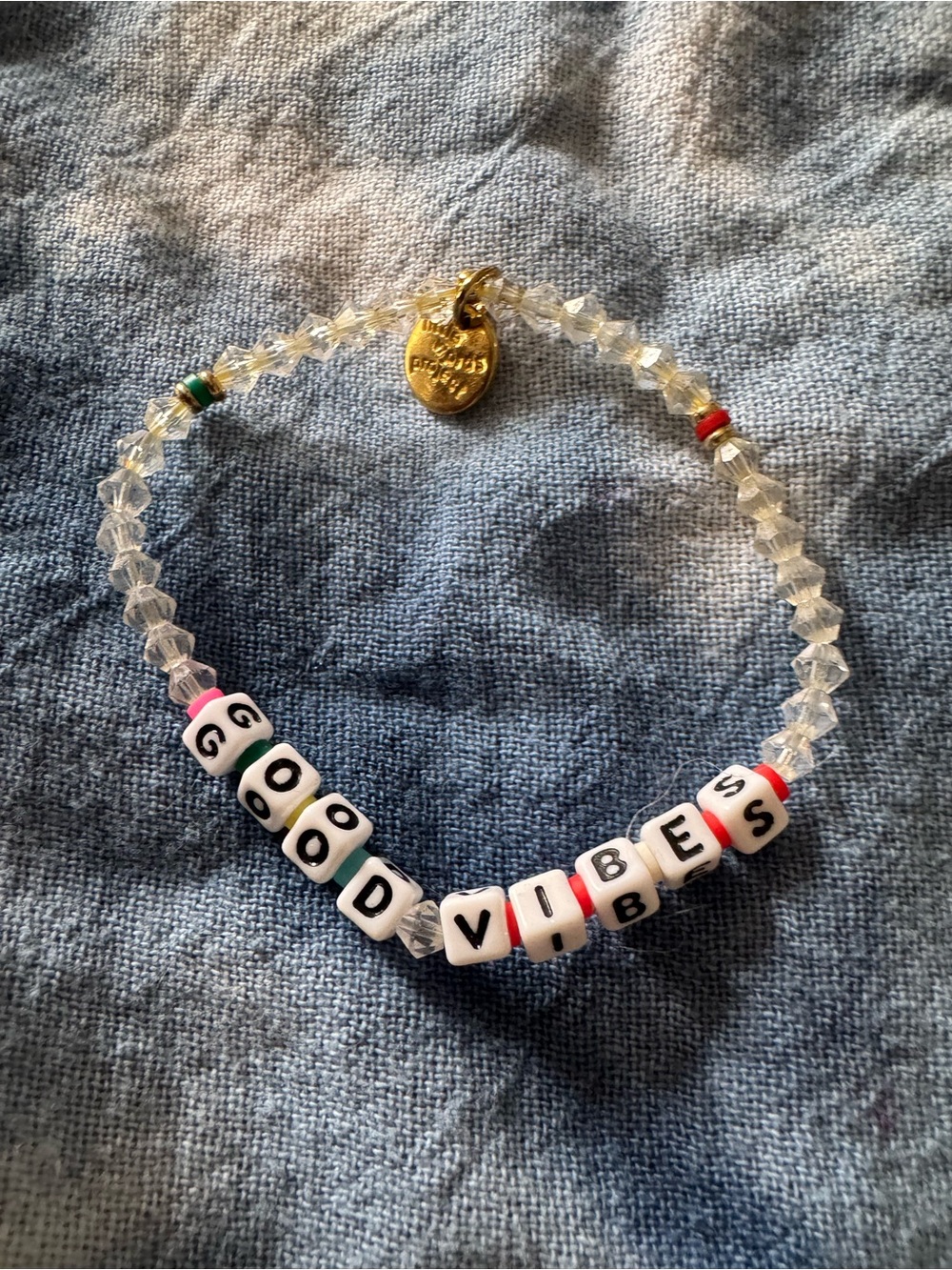 Good Vibes Clear Beaded Stretch Bracelet with Gold Charm